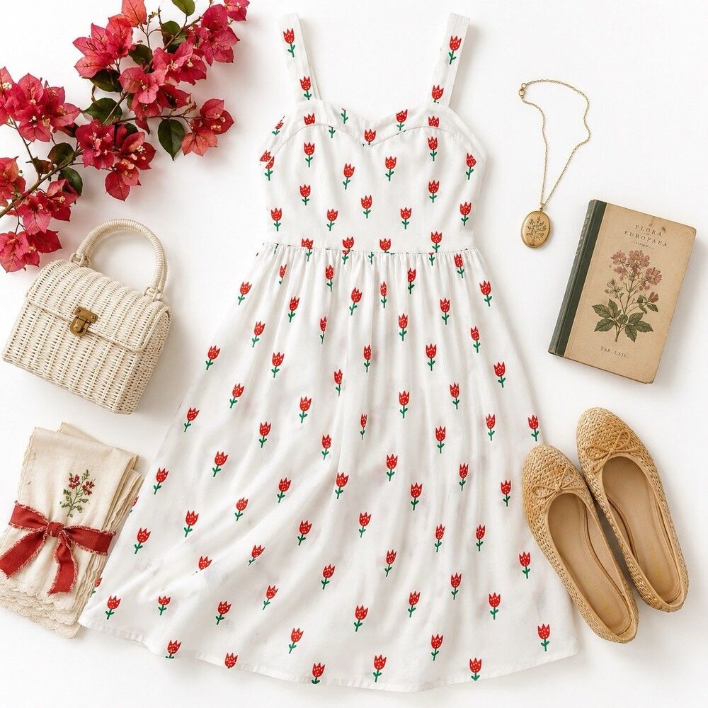 Tulip Print Sundress Sweetheart Neck White Floral Cottagecore Summer Dress L